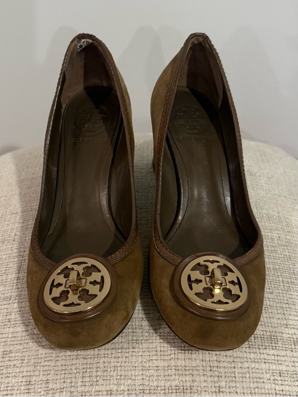 Tory Burch Brown Suede Logo Medallion Heels
